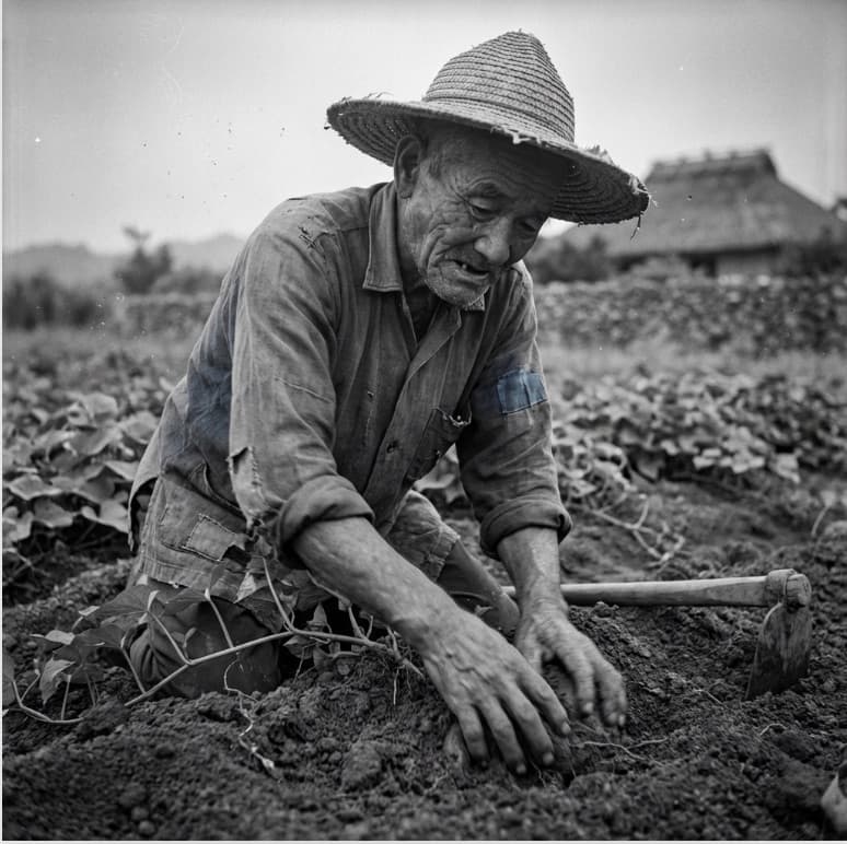 Ad creative: a vintage-styled black-and-white photograph of an elderly straw-hatted farmer kneeling and working soil with his bare hands
