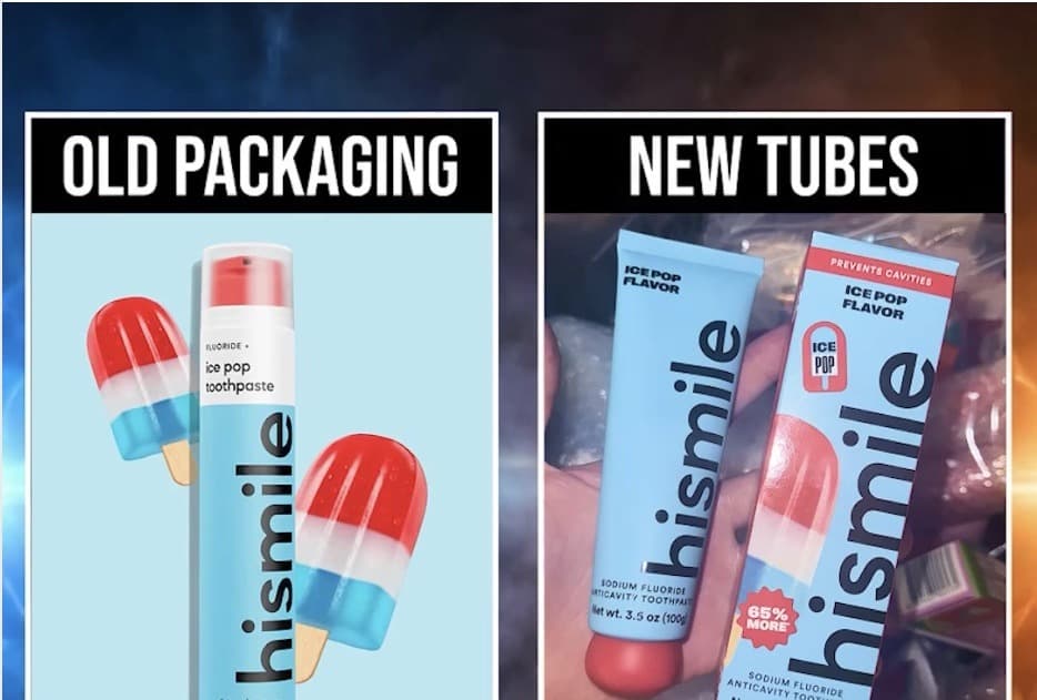 cover frame comparing old packaging to new tubes of Hismile toothpaste