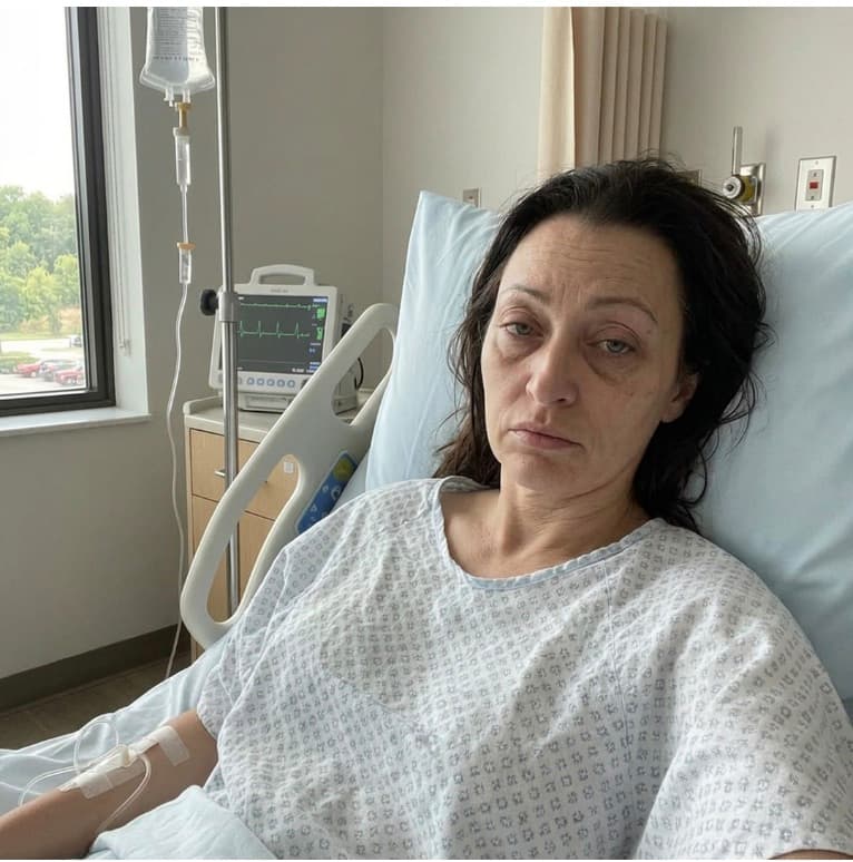 Ad creative: a woman in a hospital bed, IV drip and heart monitor visible, looking exhausted at the camera