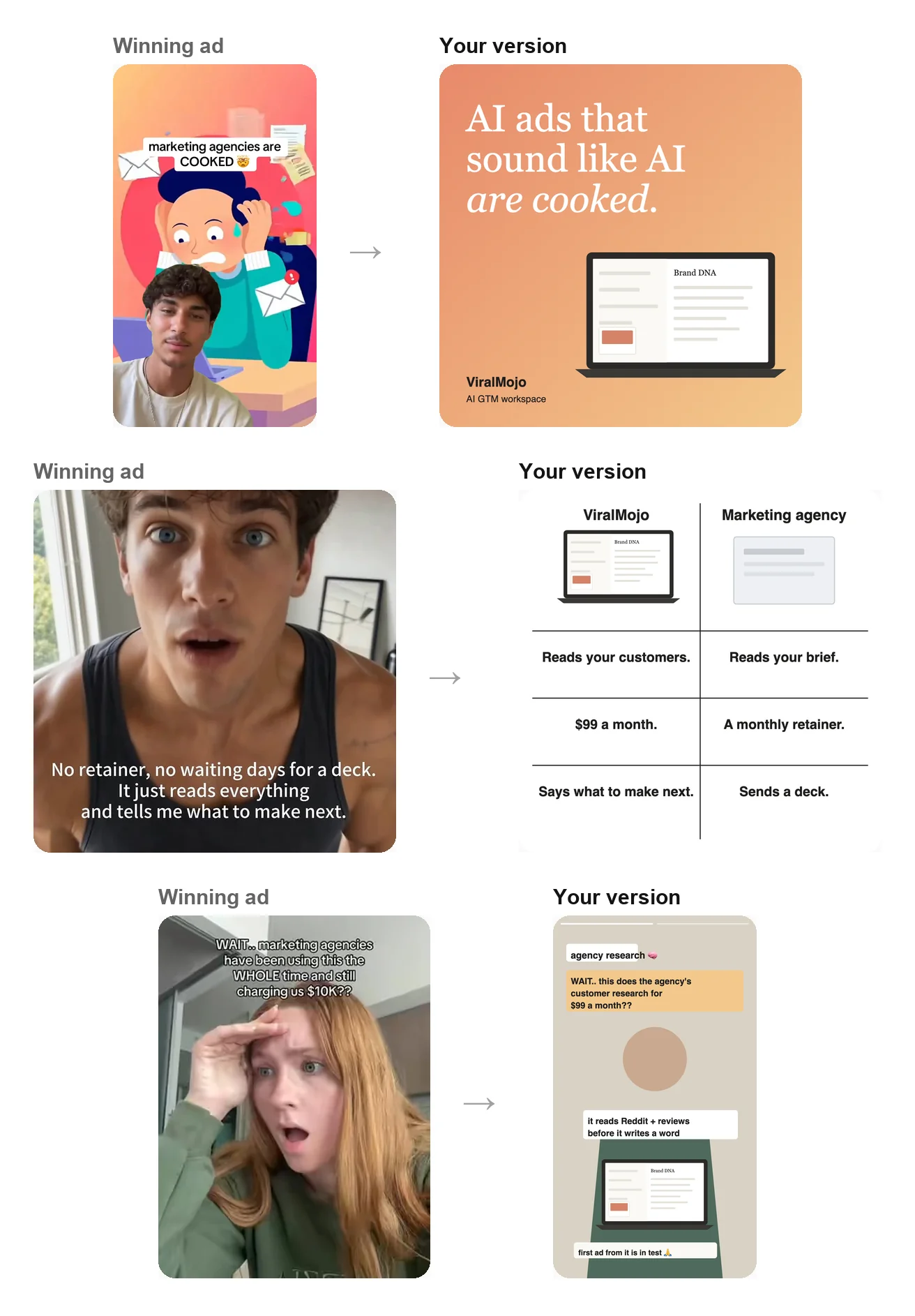 Three competitor static ads beside their remade versions with a different product