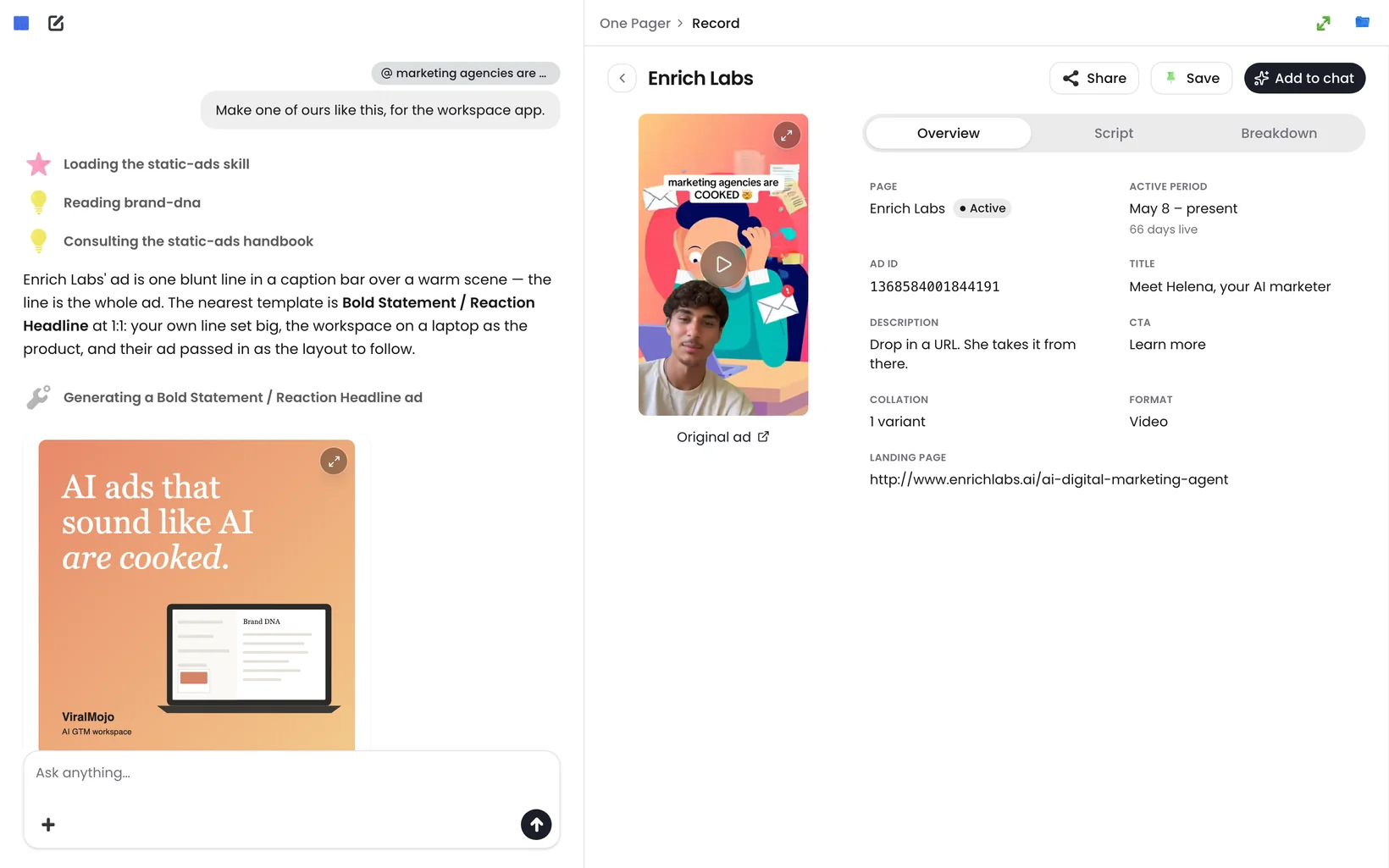 ViralMojo: adding changes to the remade static ad in plain language