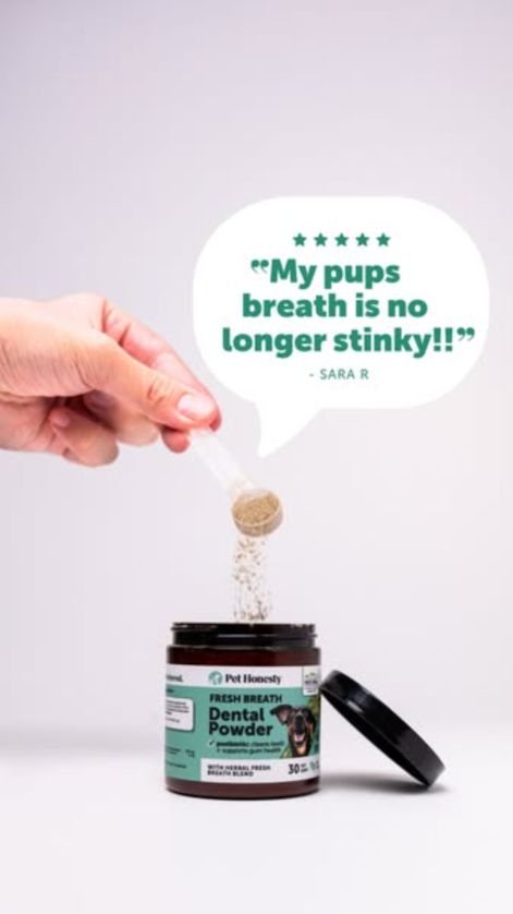Hand pouring a scoop of Pet Honesty Fresh Breath Dental Powder into its jar under a five-star speech bubble: “My pups breath is no longer stinky!!” – Sara R
