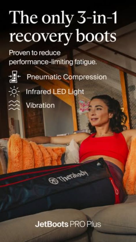 Woman relaxing on a sofa in Therabody JetBoots under “The only 3-in-1 recovery boots” and three icon rows: pneumatic compression, infrared LED light, vibration