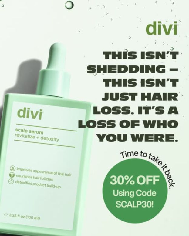 Divi scalp serum bottle beside a heavy black headline “This isn't shedding — this isn't just hair loss. It's a loss of who you were.” and a green “30% off using code SCALP30!” circle