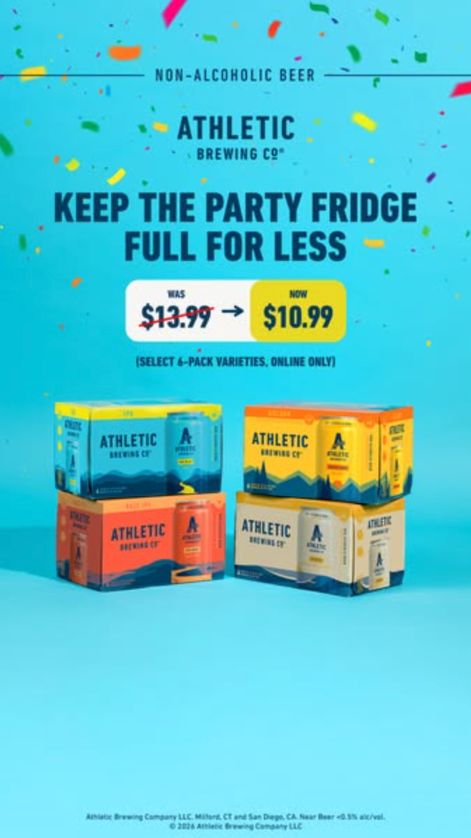 Aqua Athletic Brewing ad with confetti, the headline “Keep the party fridge full for less”, a “Was $13.99 → Now $10.99” price strip and four stacked six-packs