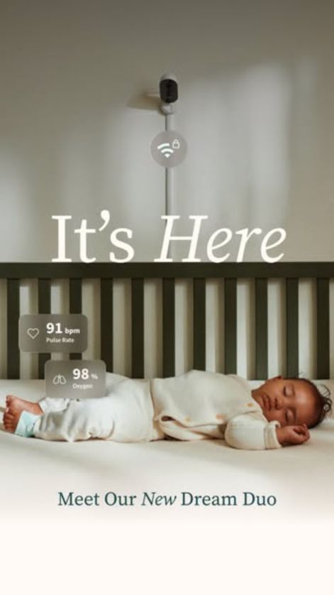 Sleeping baby in a crib with a wall-mounted Owlet camera above, the headline “It's Here” and “Meet Our New Dream Duo”