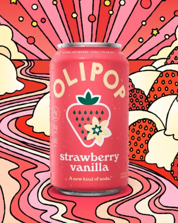 OLIPOP Strawberry Vanilla can in front of an illustrated pink sunburst with clouds, strawberry hills and a wavy river