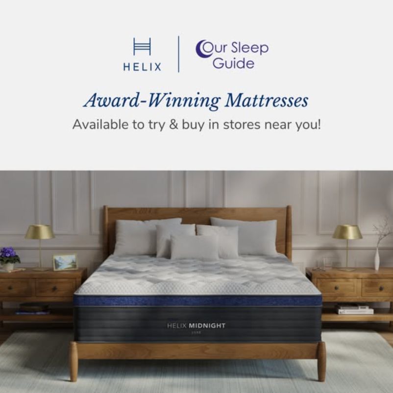 Helix and Our Sleep Guide logos above “Award-Winning Mattresses – Available to try & buy in stores near you!” and a bedroom photo of a Helix Midnight Luxe mattress