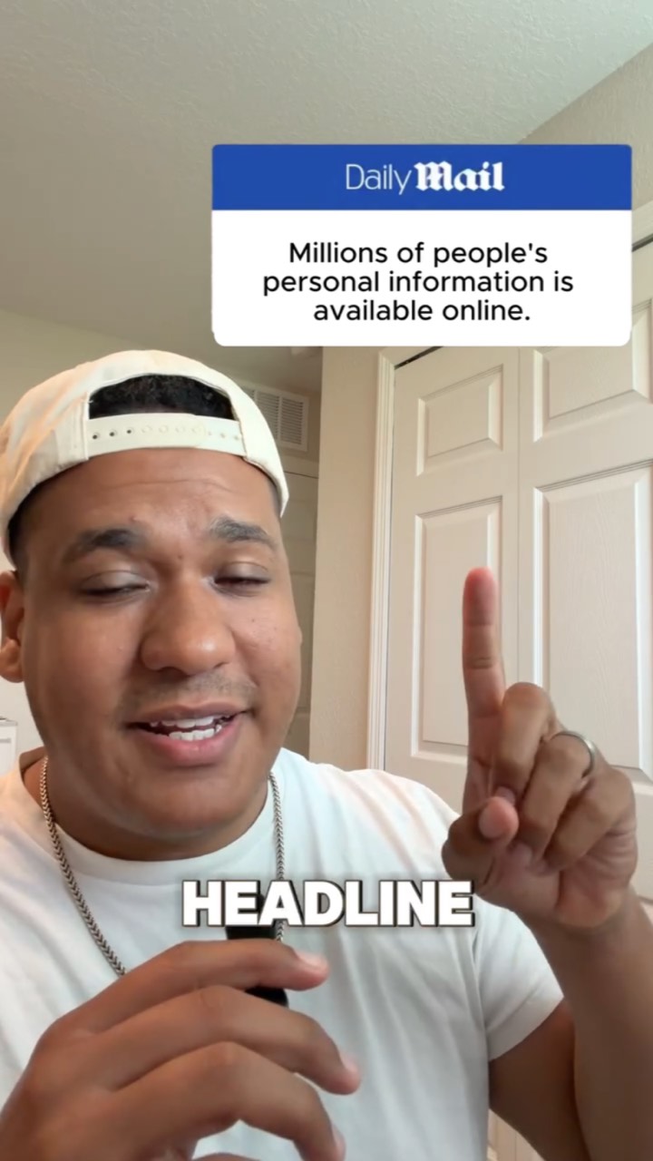 A creator in a backwards cap points up at a Daily Mail headline card reading “Millions of people's personal information is available online.”, with the word “HEADLINE” captioned below