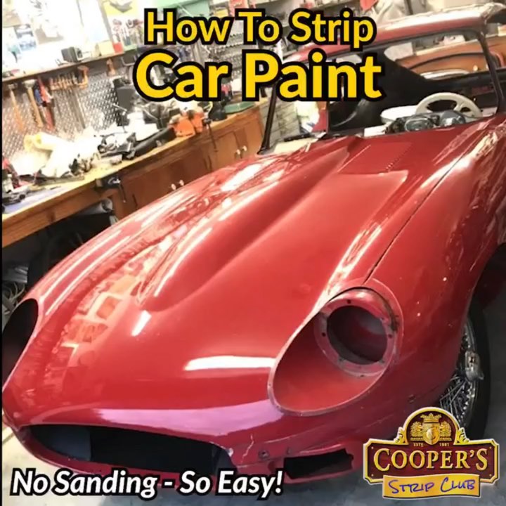 A glossy red 1969 Jaguar E-Type in a cluttered workshop under the title “How To Strip Car Paint”, with “No Sanding - So Easy!” and the Cooper's Strip Club logo