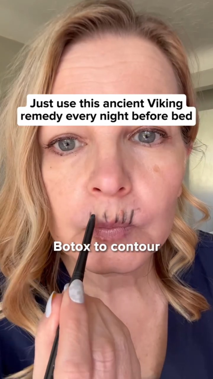 Close-up of a blonde woman pursing her lips while tracing the lip lines with a slim applicator, under the caption “Just use this ancient Viking remedy every night before bed”