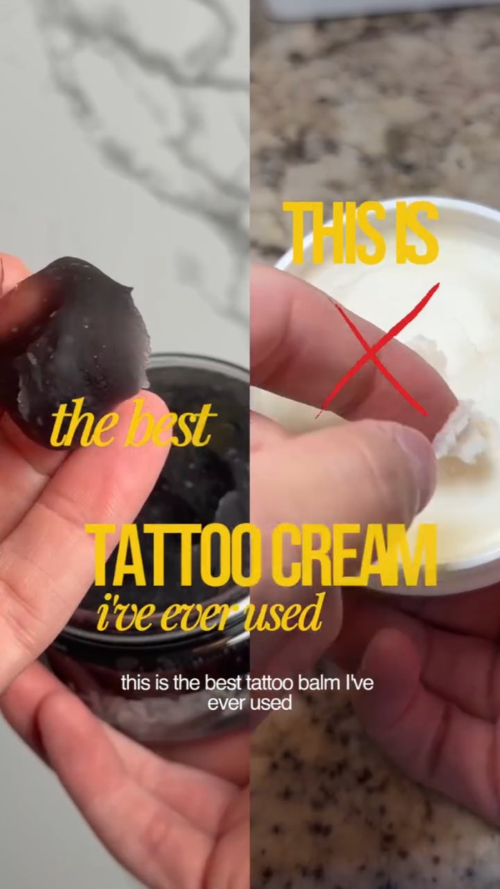 Split screen: fingers lift black Tattoo Frost gel from a jar beside a regular white cream crossed out in red, captioned “THIS IS the best TATTOO CREAM i've ever used”
