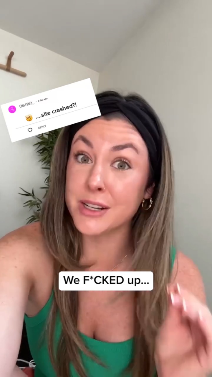 A creator in a green tank top and headband talks to camera beside a comment screenshot reading “....site crashed?!”, captioned “We F*CKED up...”