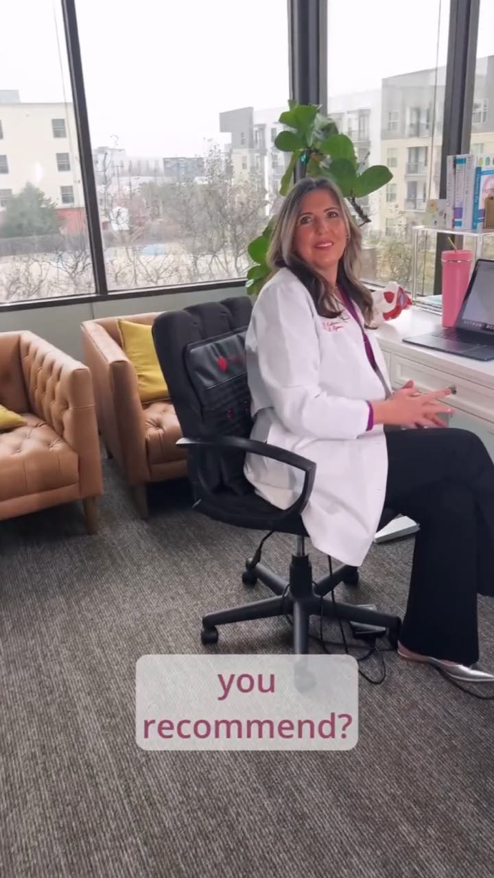 OB/GYN Dr. Anna Cabeca in a white coat turns in her office chair toward the camera by a window, with the caption “you recommend?” finishing the off-camera question